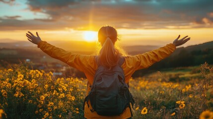 Woman in Yellow Jacket with Backpack at Sunset in a Field of Flowers