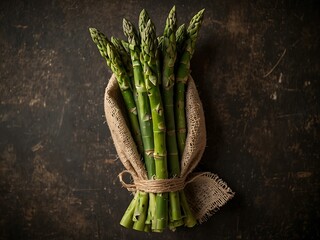 Fresh raw asparagus bunch tied with burlap.