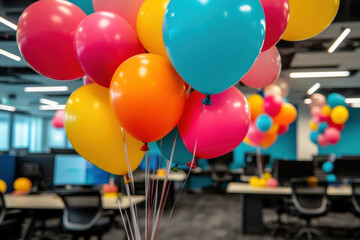 An office space filled with balloons and banners for a surprise party, as the team gathers to celebrate a colleague success