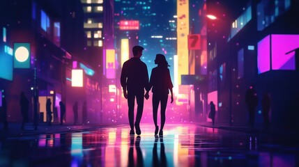 A couple is walking down a city street at night