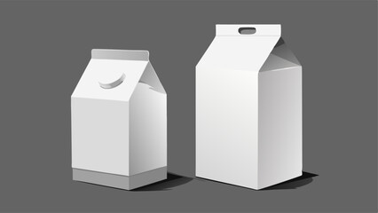 Milk or juice carton 3d white blank pack mockup. Isolated drink package template in vector. Empty realistic beverage bottle packet for presentation and marketing. Cardboard container side and front