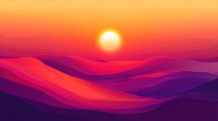 Poster - A sunset over a mountain range with a large sun in the sky