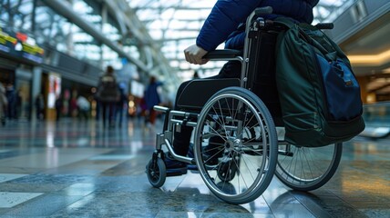 person in a wheelchair at a bustling urban transit hub, highlighting mobility