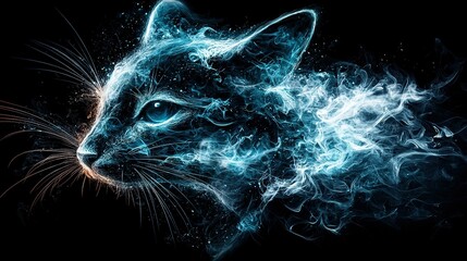   A stunning photo of a feline with iridescent blue and white smoke emanating from its maw, set against an inky backdrop