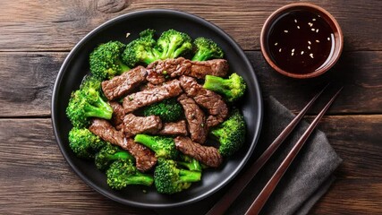 Poster - Panning over a Bowl of Delicious Bowl of Beef and Broccoli Stir Fry on a Wooden Table