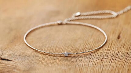 Thin wire bracelet with small gemstone accent, displayed on minimalist wooden board, elegant and simple