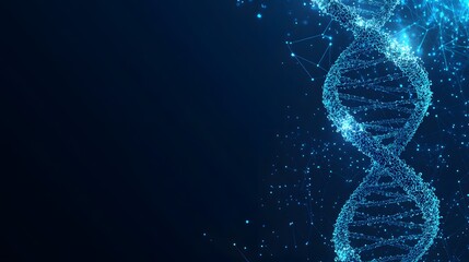 Abstract Digital Representation of DNA with Glowing Blue Lines and Dots on a Dark Background