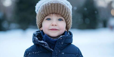 Wall Mural - A young child wearing a brown hat and a blue coat is smiling. The child is standing in the snow, and the hat is covered in snow