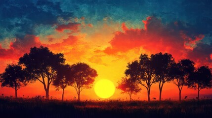 Poster - A sunset over a field with trees and a large sun