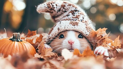 Wall Mural -  A brown and white rat wearing a knitted hat on top of a pile of leaves in front of a pumpkin