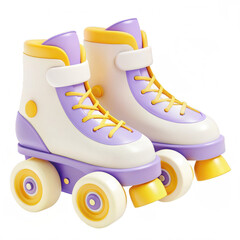 This image shows a pair of colorful roller skates with purple and yellow detailing on a white background. Skates symbolize fun outdoor activity and sports.