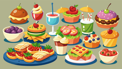 Buffet finger food collection - canape, mini burger and sandwich, bruschetta and tartlets with cream and fruits, meat and fish, shrimp and cheese. Cartoon vector set of starter appetizer and snack.