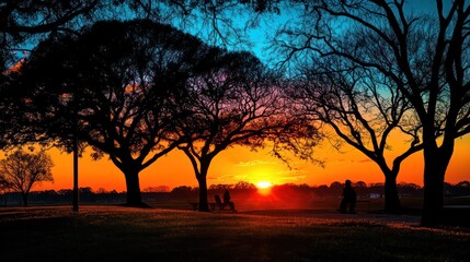 Poster - A beautiful sunset over a park with a few people sitting on chairs