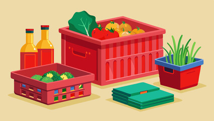 vector set with red empty plastic crate front and side view. 3d vegetable box for grocery delivery. 