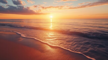 Wall Mural - the sun is setting over the ocean, casting a warm glow on the water