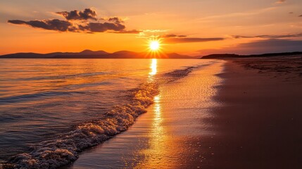 Wall Mural - the sun is setting over the ocean, casting a warm glow on the water