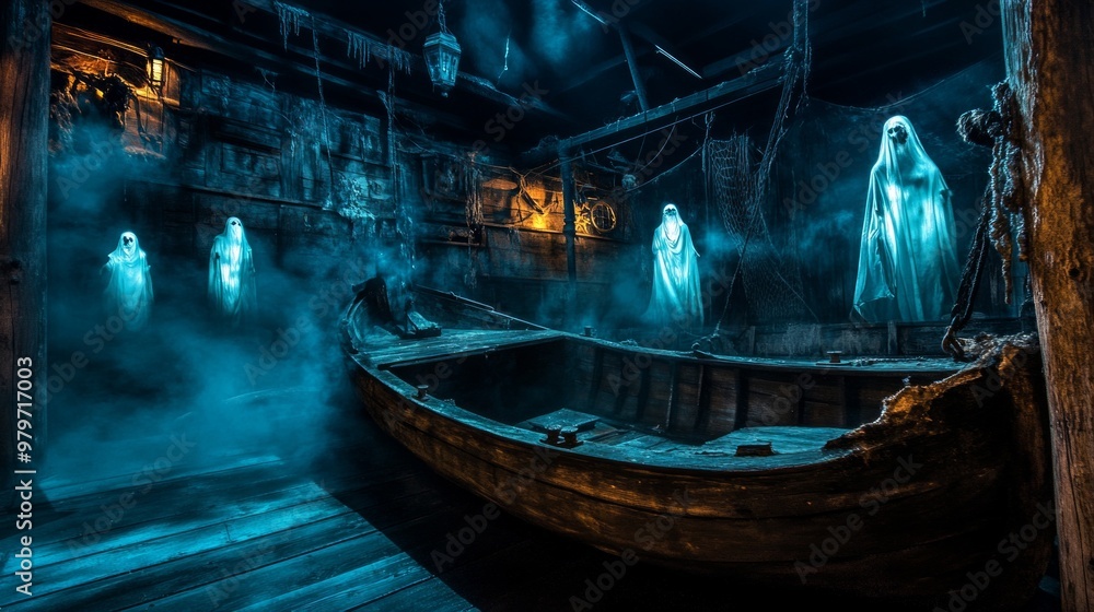 Haunted Ship Attraction, an eerie scene featuring a ghostly ship ...