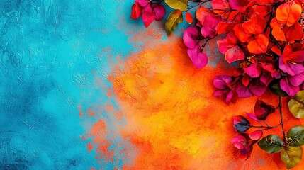 Wall Mural -   A canvas featuring an array of vibrant blossoms set against a backdrop of azure and orange tones, with space for text or additional imagery