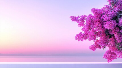 Wall Mural -  A tree with purple flowers in front of a reflective water body beneath a vibrant pink and blue sky