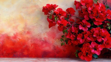 Poster -   A vibrant depiction of red flowers against a warm yellow-red backdrop, featuring a painted red floral motif on the wall