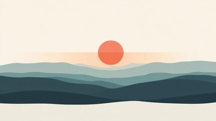 A mountain range with a large red sun in the sky