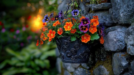 Wall Mural -   A purple-orange-pink pansy-filled flower pot hangs on a stone wall