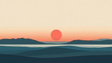 Wall Mural - a beautiful sunset over a calm ocean with a large red sun in the sky