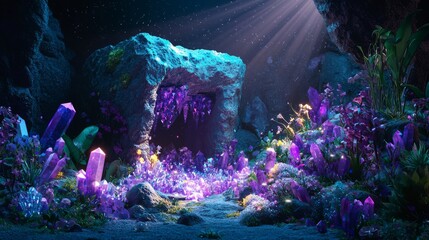 Wall Mural - Mystical Cube-Shaped Landscape with Glowing Cave Entrance and Magical Light - 3D Rendered Fantasy Scene