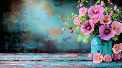 Poster -   A blue vase with pink flowers sits atop a wooden table, alongside a green vase holding the same