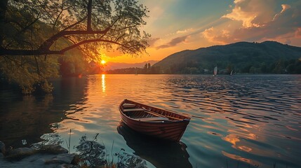 Wall Mural - a relaxing boat cruise on a serene lake at a vibrant sunset and the boat walk on the river
