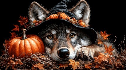 Wall Mural -   Autumn leaves lay atop the painted wolf in a witch hat