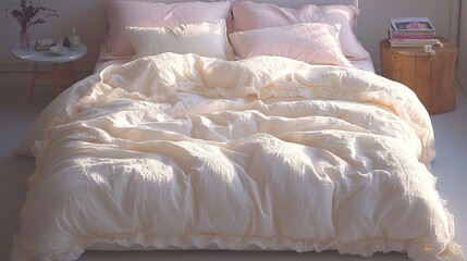   A white comforter and pink comforter lay atop a bed with pillows below