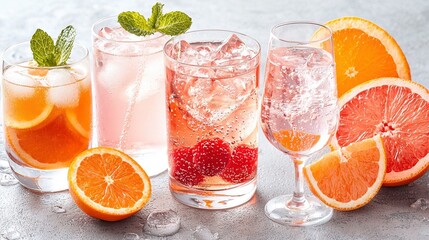 Wall Mural -   A table topped with glasses containing various drinks alongside sliced oranges and raspberries