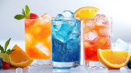   A collection of three glasses containing distinct beverages adjacent to lemons, raspberries, and blueberries