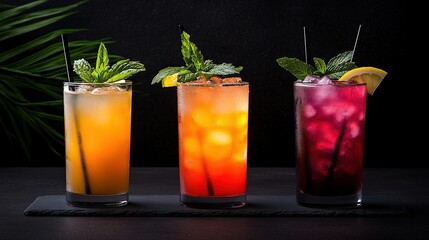 Wall Mural -   Three beverages arranged on a dark background with a green foliage plant in the foreground