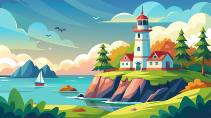 Lighthouse on sea coast in island landscape vector illustration. Beacon building on cliff near ocean water in morning. Peaceful nautical summer design with light house, gull and green grass.