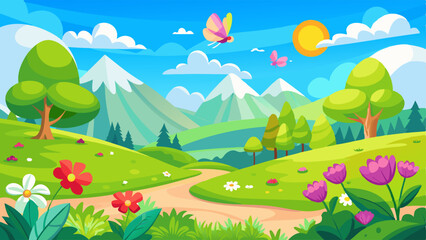 Summer valley landscape with flowers. Vector cartoon illustration of beautiful spring sunny scenery, butterflies flying above green grass on hills, trees and bushes, fluffy white clouds in blue sky