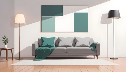 modern interior with a gray sofa and wooden floor lamp on a white background, mockup template for pr