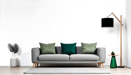 Modern interior with a gray sofa and wooden floor lamp on a white background, mockup template for product presentation. White wall background with a grey fabric couch and a green blanket.