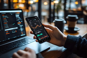 A person uses a smartphone with a cryptocurrency trading app while sitting at a coffee shop with a laptop and coffee nearby