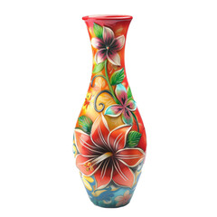 red vase featuring a colorful three dimensional floral design, isolated on a white background