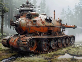 A rusty, futuristic tank with a large cannon in a foggy forest.