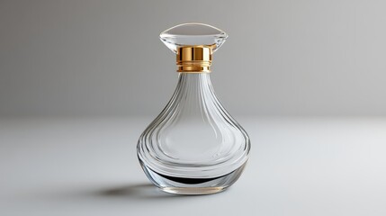 Front view of a clear glass perfume bottle with gold cap, smooth lines, luxurious touch, high-resolution photo