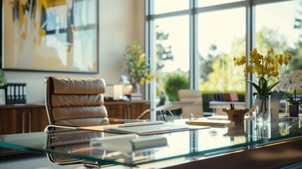 Canvas Print - Modern Office Interior with Glass Desk and Leather Chair