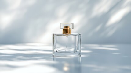 Front view of a clear glass perfume bottle with gold cap, minimalist and luxurious, soft light, clear texture