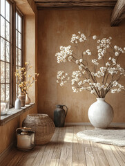 Wall Mural - Rustic room with a large vase of white flowers.