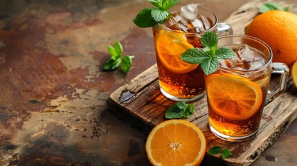 A rustic table with two cups of cold tea mixed with orange