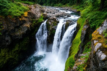  Olympic National Park's Sol Duc Falls, with powerful cascades of water plunging into a moss-covered gorge