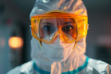 Wall Mural - Scared scientist in protective gear.
