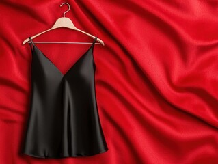 Wall Mural - Silk slip dress hanging on a metal hanger, perfectly neat, displayed on a velvet background